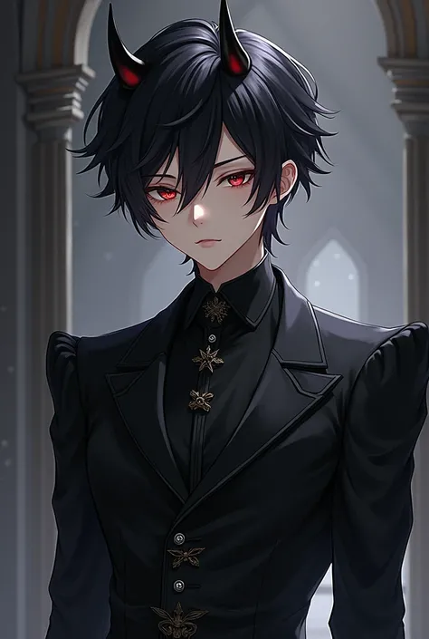 Anime boy with short devil horns in black and dress dress
