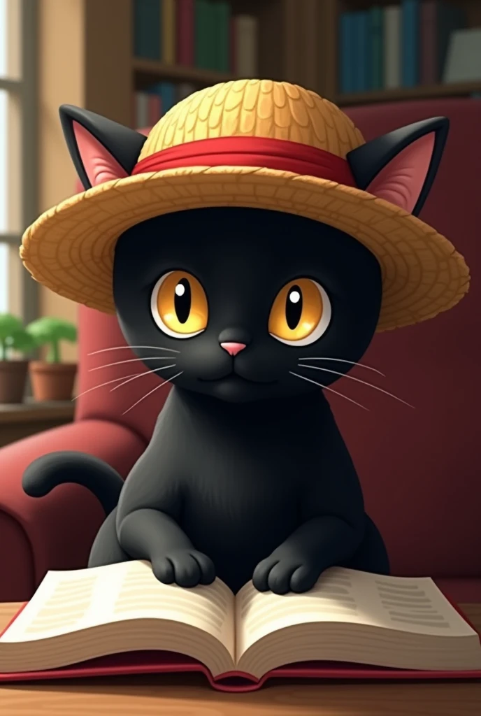 A black cat with luffy hat and reading book handsome .