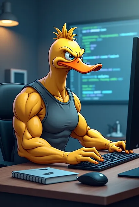 Muscular animated duck who is programming, image to put on a t-shirt 