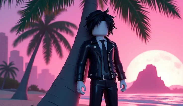 Handsome tall square Roblox male doll, with long black rocker hair, emo clothes and no lips, white skin, no mouth, and beautiful body, leaning on a palm tree, cartoon, Vice City GTA, stone mountain background on the beach with pink sky