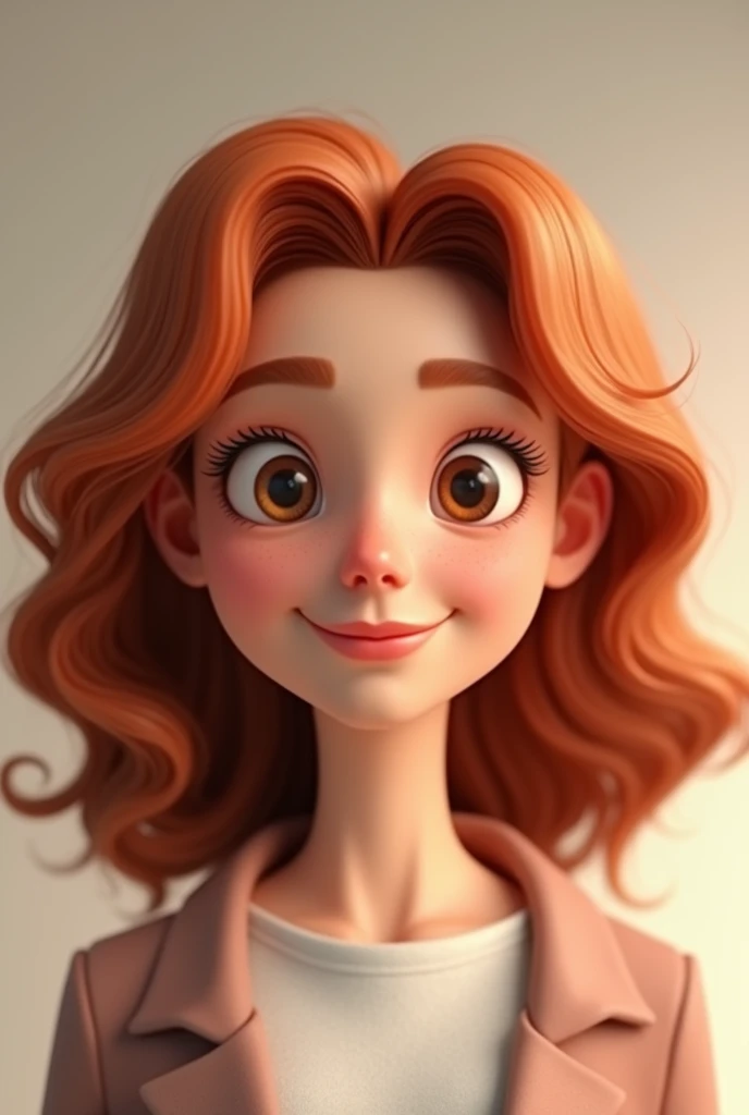 Create an image of a woman avatar with a round face, dark reddish brown curly hair and light skin, brown eyes, animation for a corporate image 