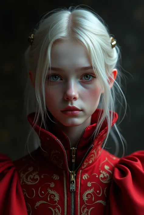 a beautiful girl, pale, with big eyes, shoulder-length hair and wearing the clothes of the red queen 