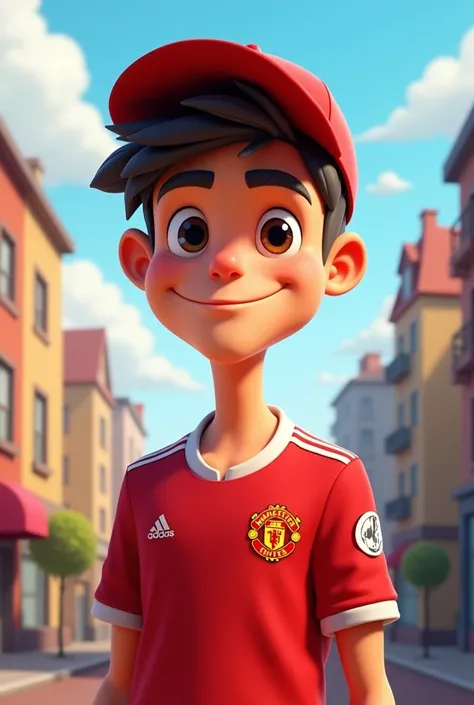 Make a cartoon style game He is a teenager character with red cap and manchester united shirt For profile picture  From the fronte Adult Strong