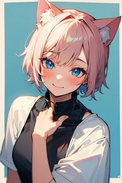 High resolution,short hair, smile, blush, blue eyes, cat ears, 