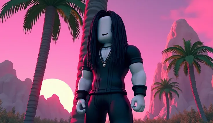 Handsome tall square Roblox male doll, with long black rocker hair, emo clothes and no lips, white skin, no mouth, and beautiful body, Dominant pose, leaning on a palm tree, cartoon, Vice City GTA, stone mountain background on the beach with pink sky