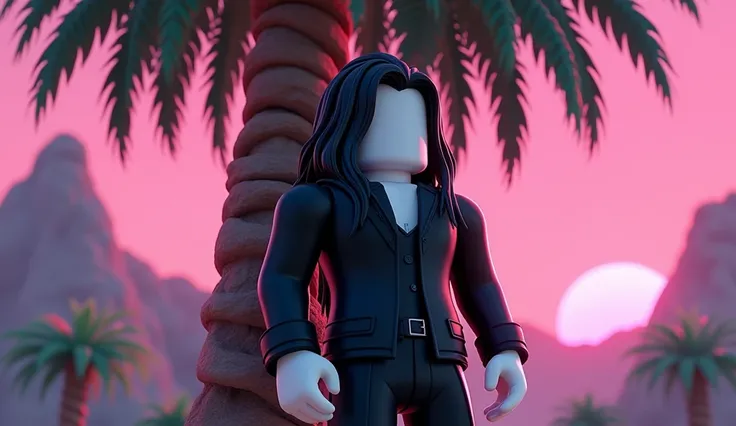 Handsome tall square Roblox male doll, with long black rocker hair, emo clothes and no lips, white skin, no mouth, and beautiful body, Dominant pose, leaning on a palm tree, cartoon, Vice City GTA, stone mountain background on the beach with pink sky