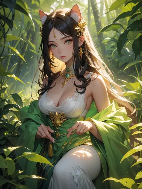 Create an image of the Altyga Kingdoms feline sovereigns in their human forms, each representing the various clans within this majestic realm. The scene is set in a lush jungle, with beams of sunlight filtering through the dense foliage, casting a mystical...