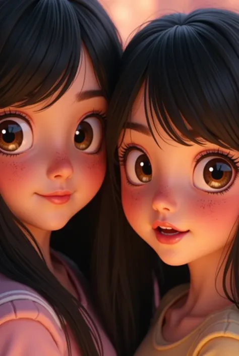 ReV animated poster of a 2 girl with long hair,smooth and black ,bambi eyes in brown color,freckles only on the cheeks and nose and a medium-sized pink mouth