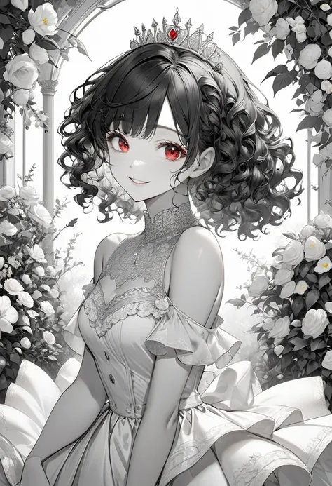 ((monochrome style)), (15 yo) (beautiful curly:1.3) (beautiful detailed black hair long hair), (immensely beautiful lovely girl) (best lovely red eyes) (happy smile) (medium tits), in a detailed beautiful white best quality princess dress, break, in the wh...