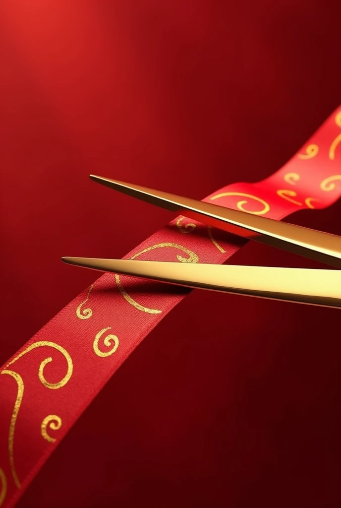  red ribbon with golden lines being cut with golden scissors