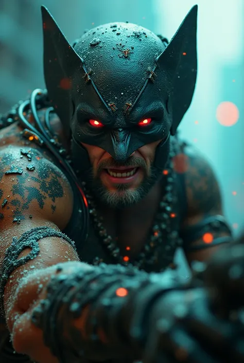 Rain, fragments, particles blender Extreme close-up face 
Actor asian Akira kanedas wolverine creepy monstrous scary as wolverine viking traje viking Year 2099s from X-Mens filmed by ZackSnyder, wolverine dress traje semi rasgado , fighting against thugs X...