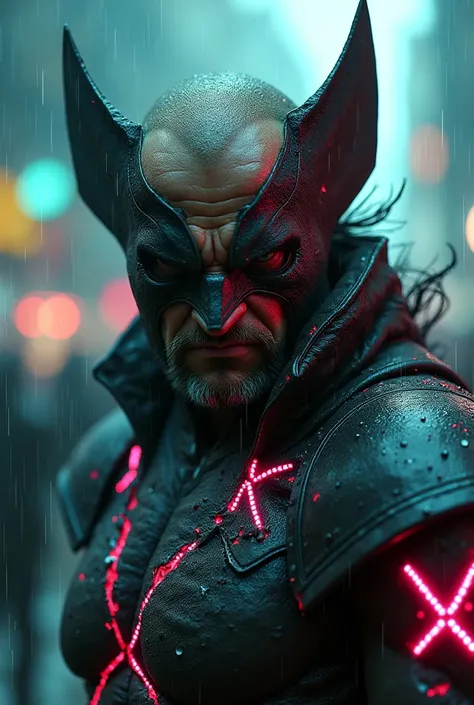 Rain, fragments, particles blender Extreme close-up face 
Actor asian Akira kanedas wolverine creepy monstrous scary as wolverine viking traje viking Year 2099s from X-Mens filmed by ZackSnyder, wolverine dress traje semi rasgado , fighting against thugs X...