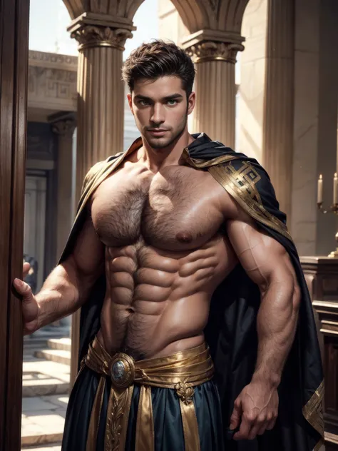 On a sunny day, ((artwork)) ((body completo)) ((30 year old man)) body: brownish skin, high, muscular, ((body hair)) (( hair)) male face, barba, beautiful eyes, detailed eyes ((Gold colored eyes)). Expression: Seductive, sonrisa Seductive. CLOTHES: Greek C...