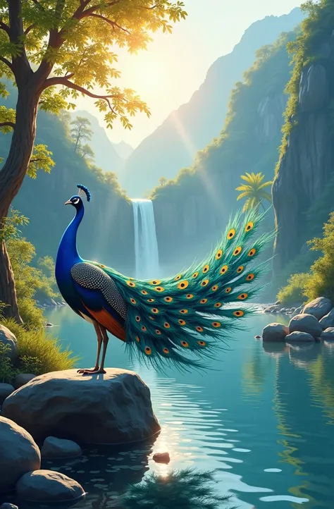 A peacock dancing on the stone beside of the stream. The morning sun is shining. The water falls is staying on the mountain. Vector photo.