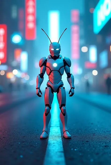 An ant standing on road with iron man suit and background with wallpaper of super heroes and neon blue light and suit in white colour 