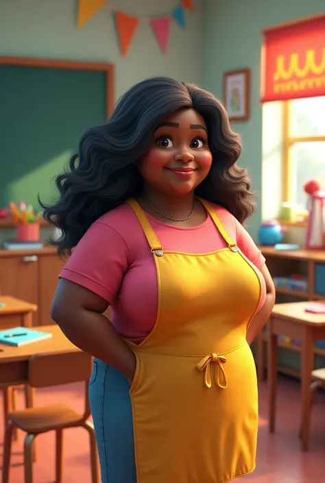 Teacher Pixar, black lady, curvilinear, long black and gray hair, apron, class room