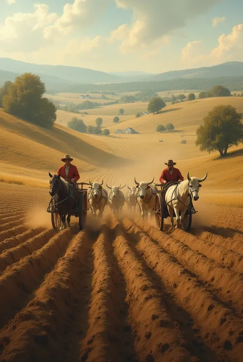 A field plowed by teams 