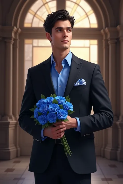 Black suit, A dark-haired groom wearing a blue shirt and holding blue roses
