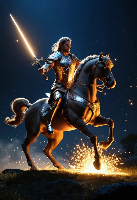 Centaur, Centaur-type warrior, Armor, Bouncing Pose, sword shines, battlefield, sparks, Backlight, Dark Night, (best quality, masterpiece, photorealistic), very aesthetic, perfect composition, intricate details, ultra-detailed, vivid colors