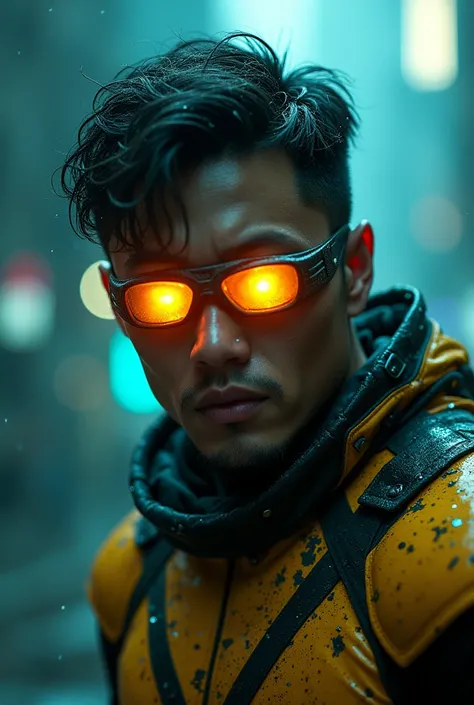 Rain, fragments, particles blender Extreme close-up face 
Actor asian Akira kanedas cyclops creepy monstrous scary as cyclops Energy blast of futuristic nanopunk glasses viking traje viking Year 2099s from X-Mens filmed by ZackSnyder,cyclops dress traje se...