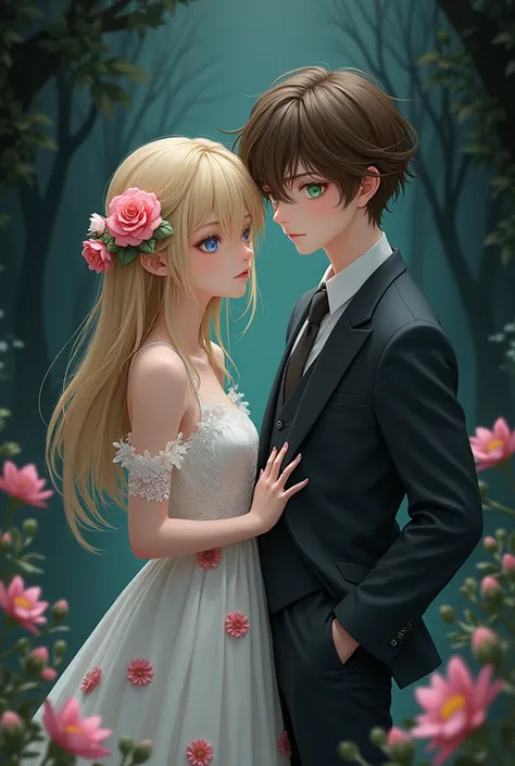 dark background, blond-haired girl with blue eyes in a white dress with pink flowers, brown-haired boy in a suit with green eyes and a brown spot in his right eye 