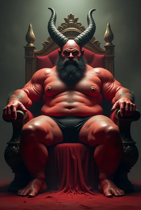 satan on his throne ruling, skin red, Open legs,Swim trunks with bulge, Chubby, Hairy, Bearded, high resolution, ultra-detailed , sharp focus, intricate details