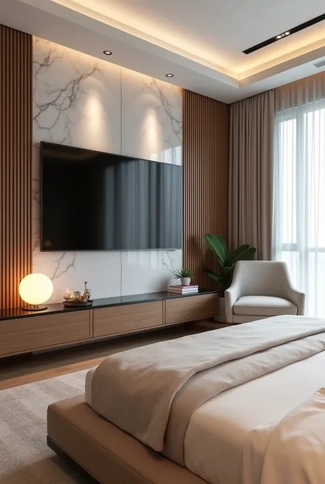 Create an image of a contemporary and cozy master bedroom, with a neutral color palette and high quality materials. The room is dominated by a wooden wall at the head of the bed, composed of vertical slats that add texture and sophistication to the space. ...