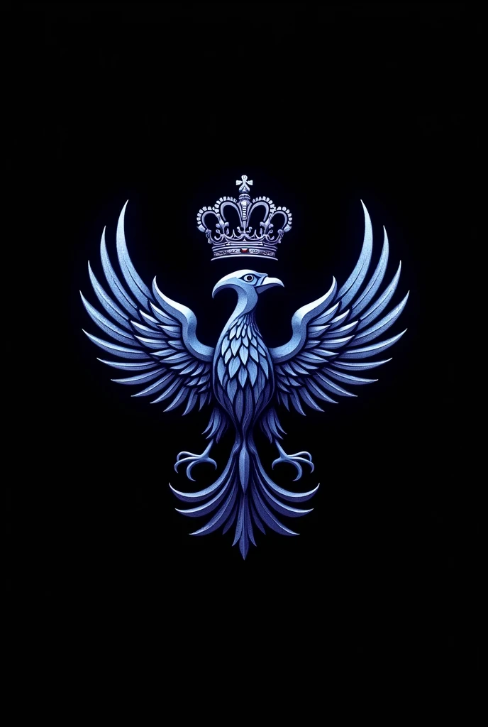 Metallic blue law firm logo with metallic violet LR licensed initials, Metallic phoenix bird and queen&#39;s crown metallic color scales and black background 


