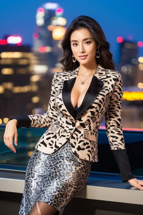 (Animal print blazer)、Business Blouse、(Animal print midi skirt:1.3)、((Full Body Portrait))、(silk pantyhose)、Sitting、(Both legs and high heels look beautiful.)、1 girl、Perfect Anatomy, Perfect body, Perfect hands, Perfect Face, Perfect Eyes, Accurate, Anatom...