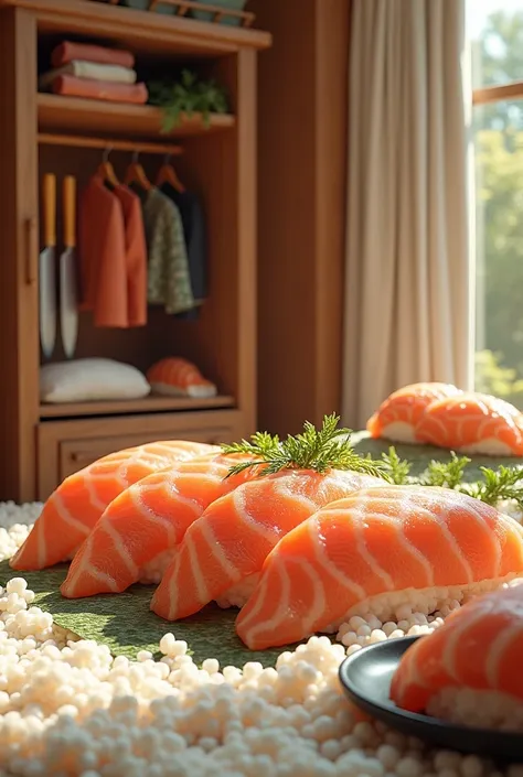 ((masterpiece, 8k, best quality, 8k, super realistic, high resolution:1.3)), fictional image, fictional room, all made of sushi, sushi world, came feito de cooked rice, covered is a sashimi. Cabinet made of seaweed, open cabinet, cabinet full of knives, cl...