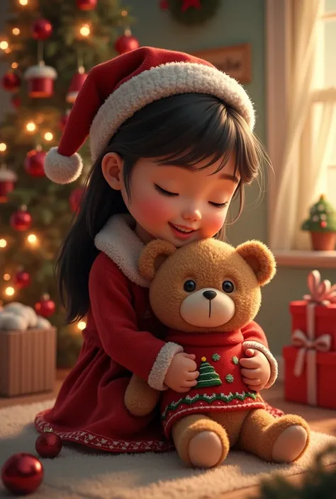 Stuffed teddy bear, teddy bear wearing Christmas clothes, girl holding and smiling at teddy bear, Christmas decorations in the room