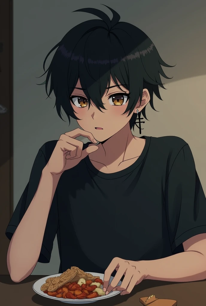 Anime guy with black hair, blocked hair, a brow, dark eyebrows, brown-black eyes, a black cross-shaped earring on the left and silver on the right, wearing a black T-shirt, is eating in a small rented room.