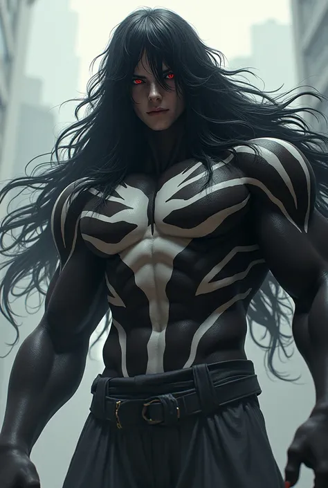 Tall and strong character with long black hair, and with white stripes on the body and red eyes