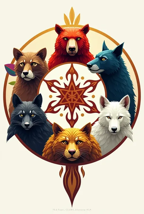 A circle divided into seven equal parts with the symbol of a Scarlet Macaw, the symbol of a brown bear, the symbol of a Raccoon, the symbol of a black dog, the symbol of a sea turtle, the symbol of a Jaguar and the symbol of a white dog in each space 
