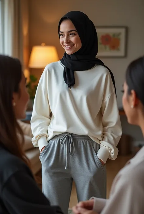 with black headscarf, white long sleeve t shirt, grey sweatpants, white socks, Sexy woman talking to her friends at home. 