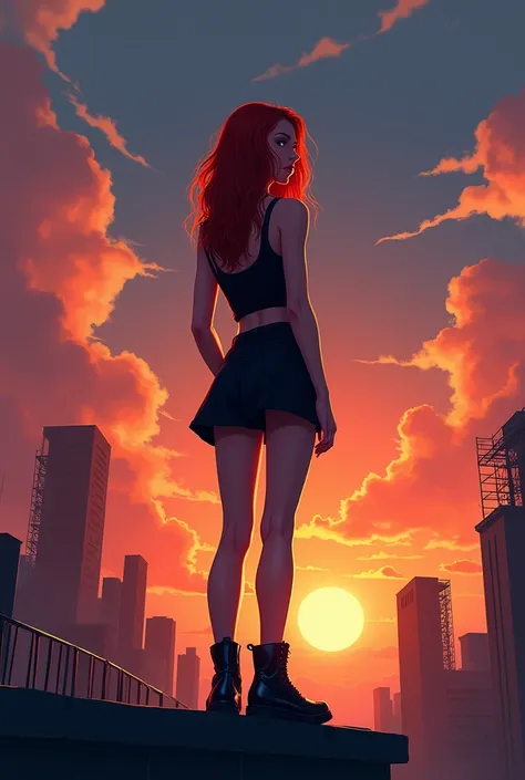 ((best illustration)) brazilian girl, Red hair, Teenage body, black top, black tight skirt, black boot, urban landscape, Building, skyline, sunset, Silhouette against the background of clouds, contemplative.  