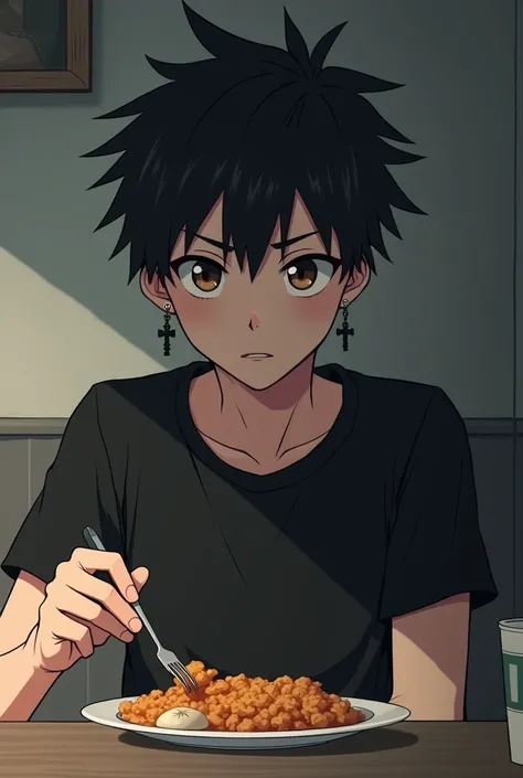 Anime guy with black hair, blocked hair, a brow, dark eyebrows, brown-black eyes, a black cross-shaped earring on the left and silver on the right, wearing a black T-shirt, is eating in a small rented room. He is a lonely man, but he does not feel sad, but...