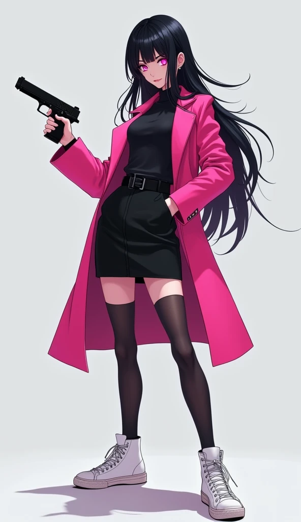 The young woman pink eyes long black hair wear a long pink coat, black shirt, black pencil skirt, black underpants, long black tights, black socks, white sneakers high top, holding a one pistol gun, light grey background, cartoon novel, 4K, HD