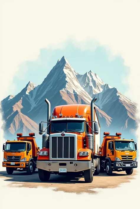 A tractor-trailer truck That can be seen drawn That has a mountain drawn in the background That can be seen drawn The mountain that looks a little lower Two tow trucks on each side One on the left and one on the right of the tow trucks Put a text that says...