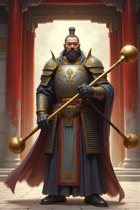 Painting of a general from the Ming Dynasty of China, the general wears ash gray armor, his face is majestic and his head is covered with a helmet, in both hands this general holds 2 ball-shaped clubs, the same size. The generals head, the mace is golden i...