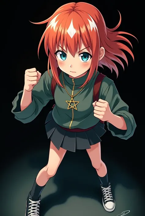 full image of an  girl, personagem do anime "JUJUTSU KAİSEN", with medium length straight fire-colored hair with two white highlights in the front, framing your face, blue-green eyes and pale skin. she is a Wiccan, she is in fighting pose. she wears a pent...