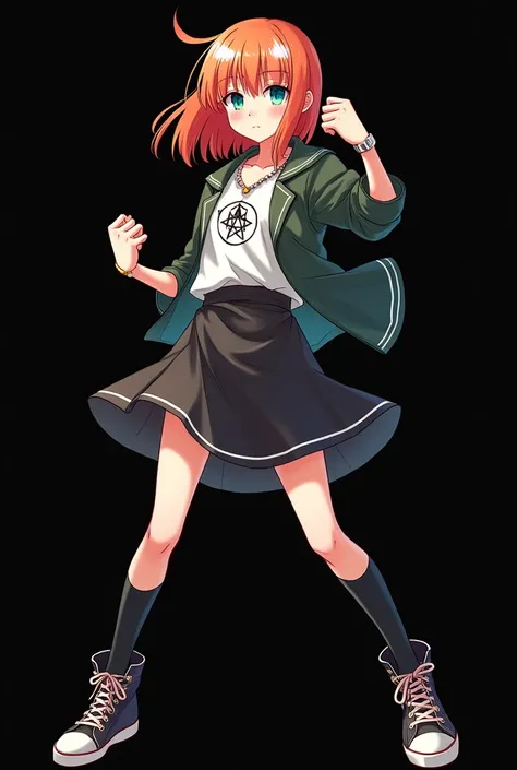 full image of an  girl, personagem do anime "JUJUTSU KAİSEN", with medium length straight fire-colored hair with two white highlights in the front, framing your face, blue-green eyes and pale skin. she is a Wiccan, she is in fighting pose. she wears a pent...