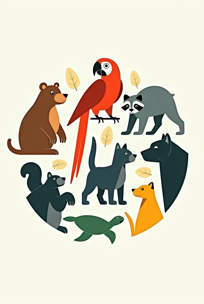 A circle with the symbol of a Scarlet Macaw, the symbol of a brown bear, the symbol of a Raccoon, the symbol of a black dog, the symbol of a sea turtle, the symbol of a Jaguar and the symbol of a white dog in each space 
