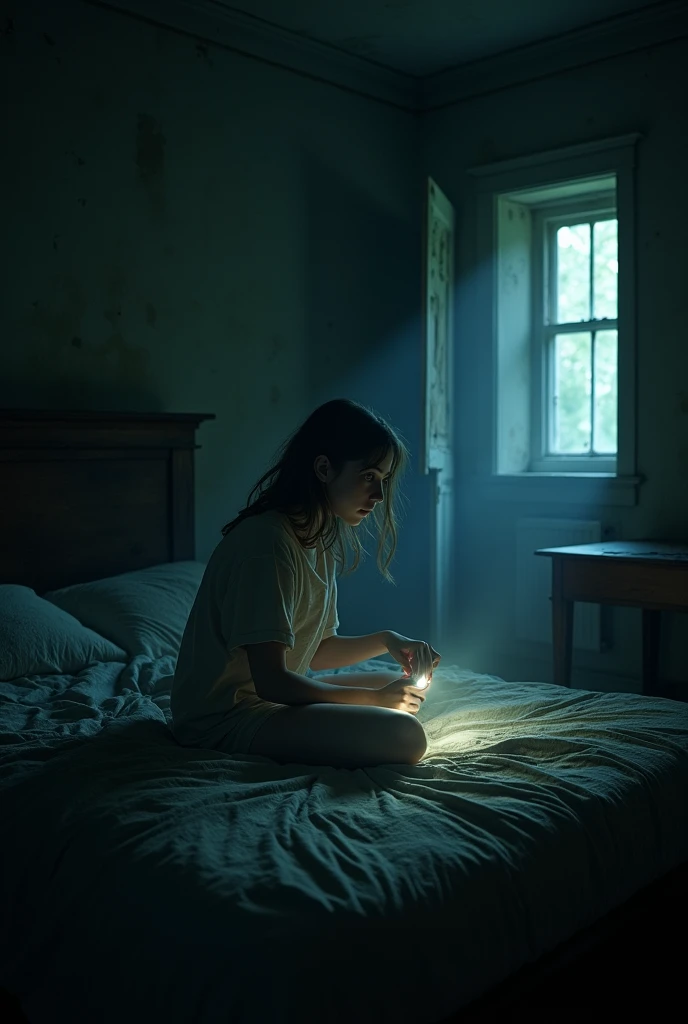 "Waking up in a dark room with a flashlight in hand"
"She opens her eyes slowly, feeling the heavy darkness around him in the old room. Sitting on an old bed that creaks at the slightest movement, the young woman holds a flashlight firmly in her right hand...