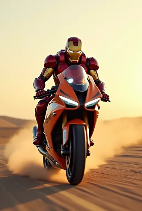 Iron man is riding a ktm racing bike. It is morning time. The weather is good. The place is a desert and there is a road in the middle of it.