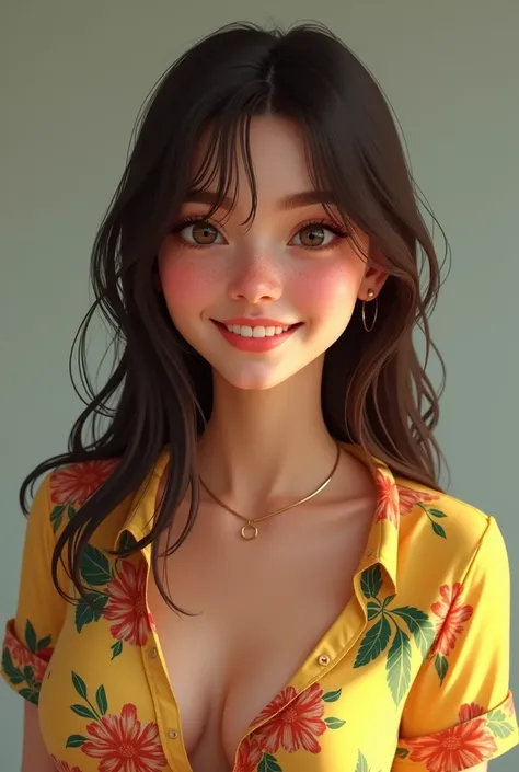 A woman with straight dark brown hair, slightly higher bangs in the front combed back. Wide and beautiful smiles. Attractive medium breasts on white skin with a few freckles. Wears a floral shirt in yellow, green and red with a very visible neckline.