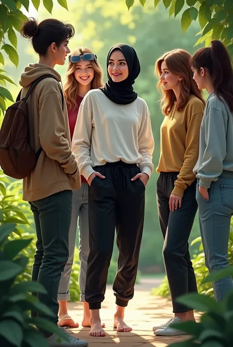 with black headscarf, white long sleeve t shirt, black sweatpants, white socks, without shoes, Sexy woman talking to her friends in the garden while her friend takes a photo of her feet. 