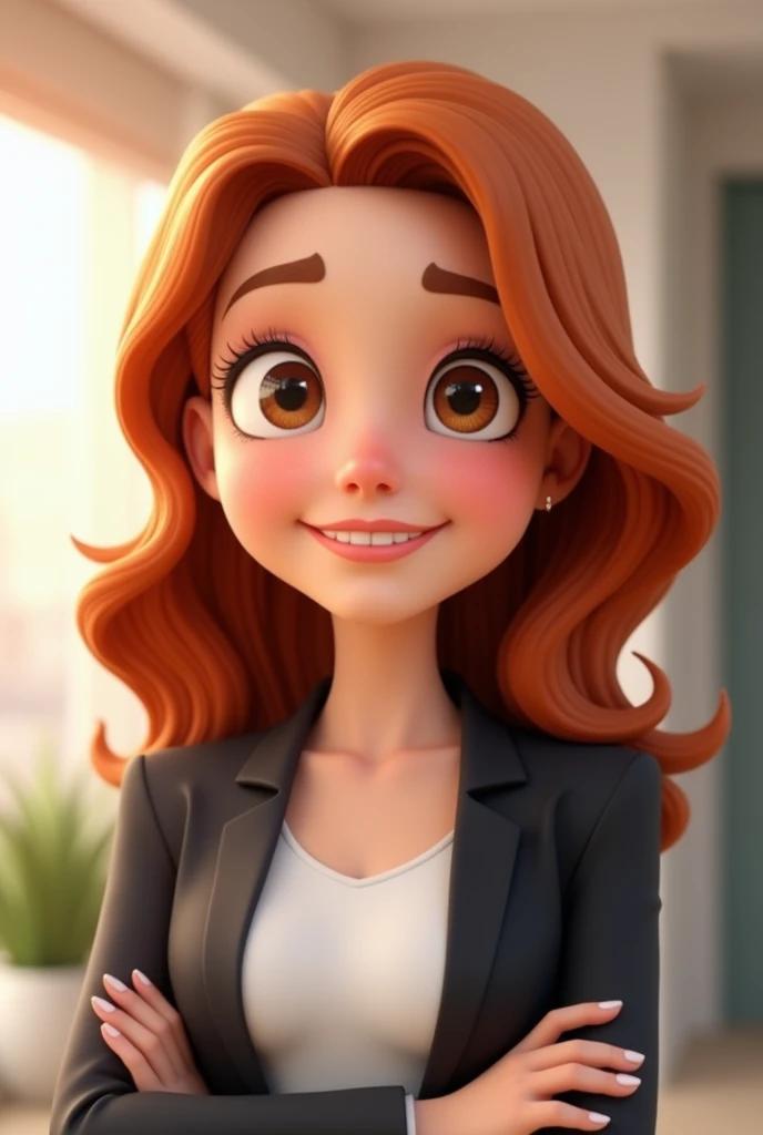 Create an image of a woman avatar with a round face, dark reddish brown curly hair and light skin, brown eyes, animation for a corporate image 