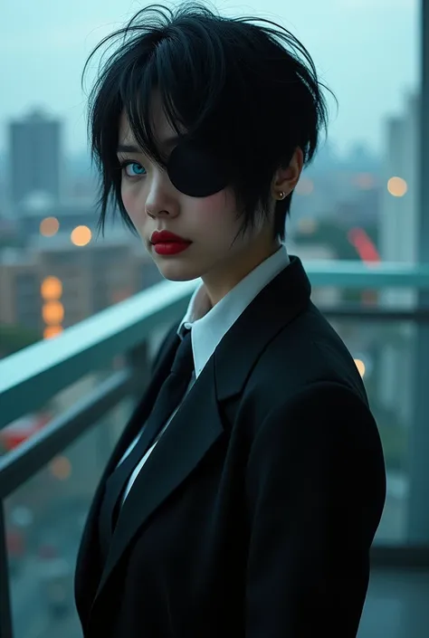 ((solo, 1woman, (( hmn1, eyepatch, short hair, black hair, blue eye, messy hair )), lipstick, Extremely detailed, ambient soft lighting, 4k, perfect eyes, a perfect face, perfect lighting, a 1girl)), ((solo, (1woman, lipstick), Extremely detailed, ambient ...