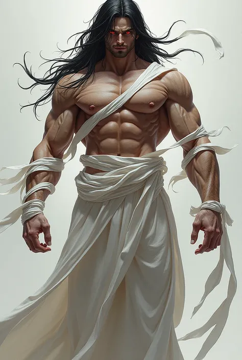 Tall, strong male character with long black hair, and with white ribbons wrapped around the body and red eyes 